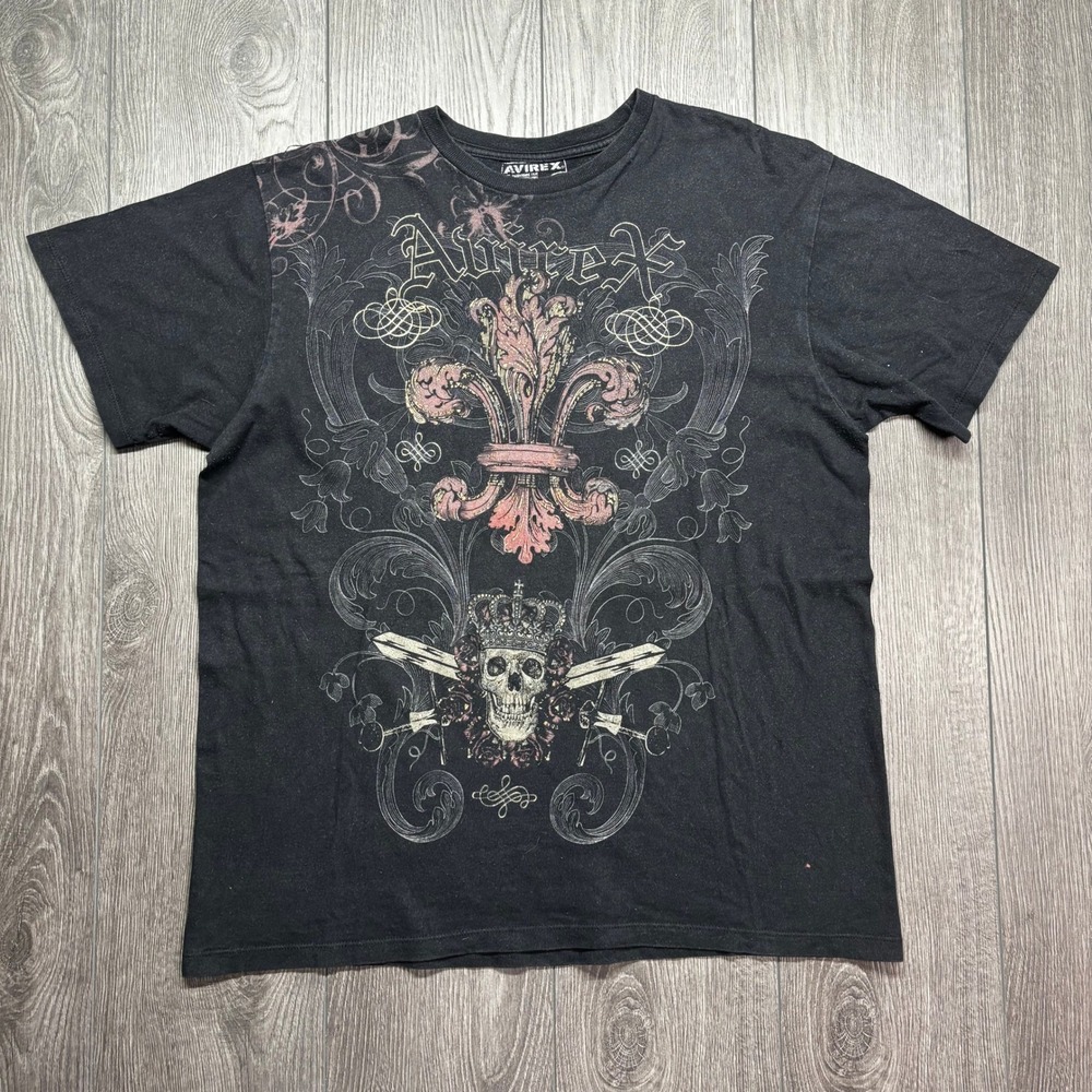 Avirex Mens XL Graphic T-Shirt Black Skull Fleur De Lis Crown Y2K Streetwear